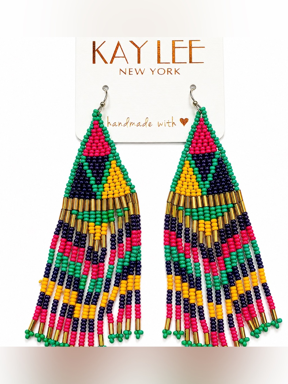 Kay Lee Beaded Fringe Earrings in Red, Green & Yellow